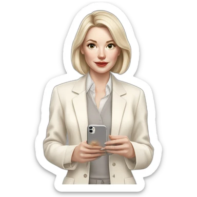 pale skin woman with ash blonde Straightened bob Hair, White Spacious classical jacket, beige palazzo Arrow pants and gray blouse holding white IPhone 15 pro in the hands sticker