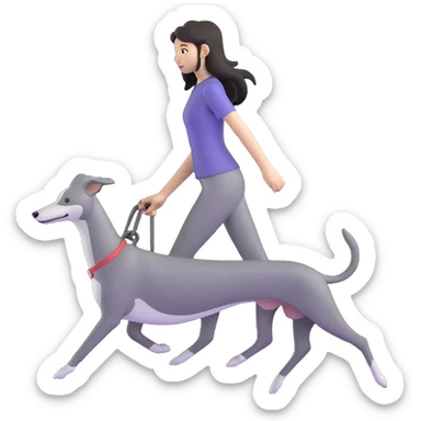 Japanese girl with flowing hair walking a solid grey greyhound with no white markings sticker
