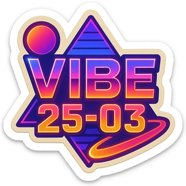 Transform the VIBE25-03 logo into an 80's retro style with neon colors, bold geometric shapes, and vintage synthwave aesthetics. Keep it vibrant and energetic, capturing the essence of classic 80's synthwave visuals with glowing neon lights and dynamic shapes. sticker