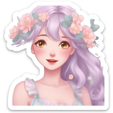 Gorgeous pastel anime style lady with blushing face and flowers cottagecore fairycore pastelcore colorful pearly romantic simplistic aesthetic trending style sticker