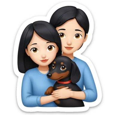 black hair asian girl hugging black dachshund sticker