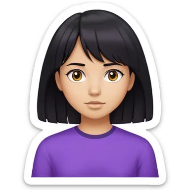 girl with slightly tanned skin, shoulder-length black hair, center parted bangs, wearing a purple shirt sticker