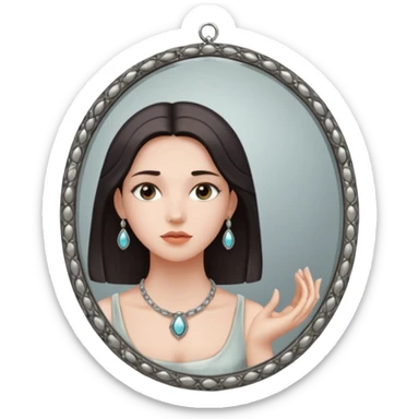 Woman facing ancient mirror, reflection slightly delayed and darker sticker