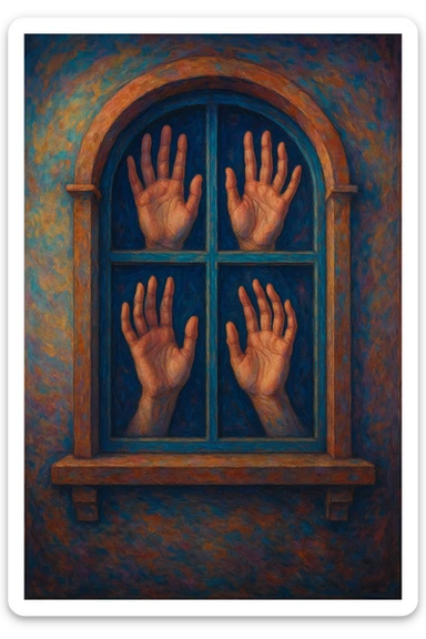 a window with hands, surreal and imaginative style sticker