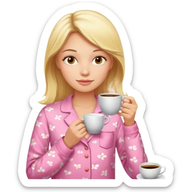 A blonde woman in pink pajamas wakes up to drink coffee. sticker
