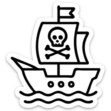 pirate ship, outlined icon style, clean black lines, no fill, minimalistic, modern look sticker