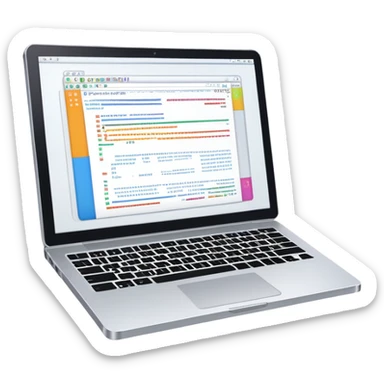 An icon featuring a laptop screen with colorful lines of code, brackets, and a blinking cursor, symbolizing programming. The design includes flowcharts, gear icons, and binary code, representing software development and logical problem-solving. Transparent background highlights the world of coding. sticker