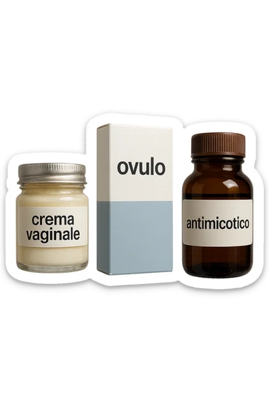 un barattolo di crema con la scritta "crema va**ale", una scatola con farmaco con la scritta "ovulo", un barattolo di farmaco con la scritta "antimicotico" in italiano sulle etichette, fluttuano in aria, IPERREALISTICO 4K sticker