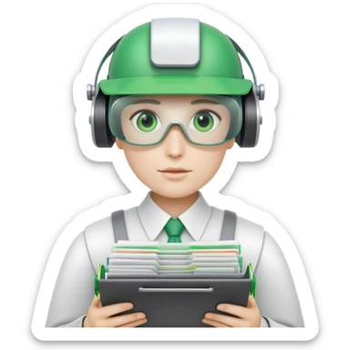 human like robot bookkeeper wearing  accountant Green eyeshade visor  and holding spreadsheets sticker