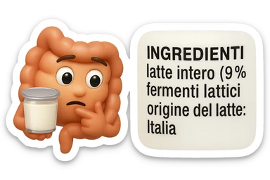 EMOJI STILE IPHONE 3D DI UN INTESTINO CHE HA IN MANO UN BARATTOLO DI YOGURT CONFEZIONATO DA SUPERMERCATO E LEGGE L'ETICHETTA NUTRIZIONALE CON GLI INGREDIENTI IN ITALIANO, ACCANTO ALLO YOGURT CHE HA IN MANO C'è UN FOCUS SULL'ETICHETTA CON GLI INGREDIENTI SCRITTI sticker