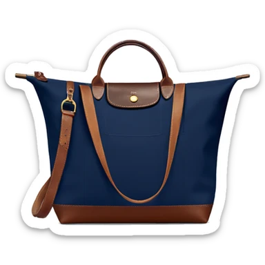 navy blue Longchamp tote bag with brown leather handles sticker