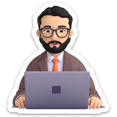 professional man with medium black beard, neat black hair, connected unibrow, olive tan skin, brown eyes, glasses, prominent nose, wearing business casual attire, typing on laptop, slightly turned to the side sticker