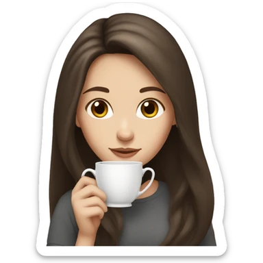 white girl with dark brown long hair holding a tea sticker