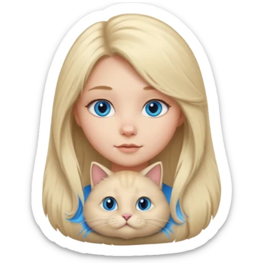 blonde girl with long blonde hair and blue eyes with chubby gray cat sticker