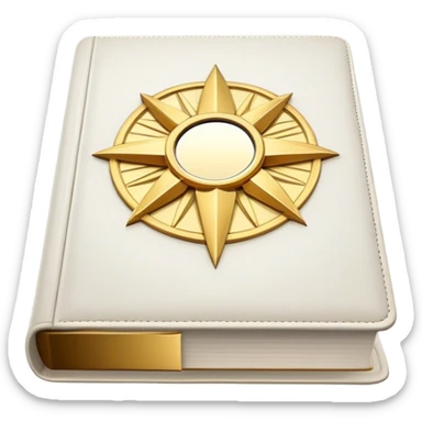 A white leather book with golden accents, smooth and polished, embossed with a symbol of six pillars, a sun, or a glowing mirror, radiating strength, confidence, and the power of self-worth.  sticker