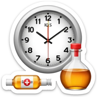 wall clock with pills around it and a syrup bottle sticker