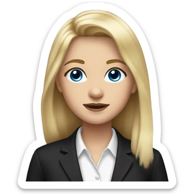 a girl with medium length blonde hair, blue eyes, wearing a black suit and a white collared shirt sticker