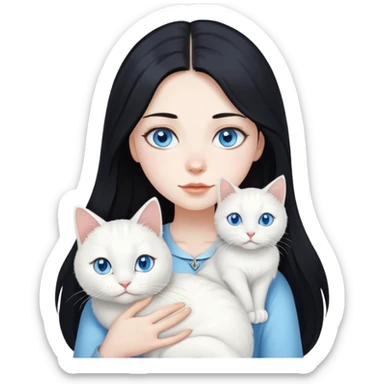 black hair girl with long hair white cat with blue eye sticker