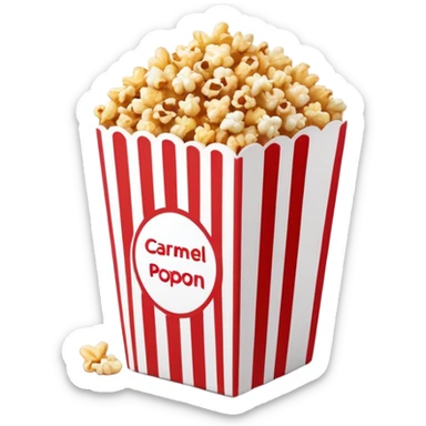 minimalist caramel popcorn box with thin red and white stripes, tiny popcorn pieces visible, clean simple design, Apple emoji style sticker