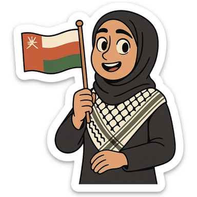 a hijab-wearing girl wearing the Palestinian keffiyeh and holding the Oman flag, flat toon style, graphic flat design sticker