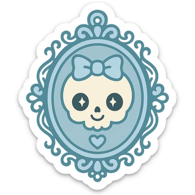 cameo necklace in pastel goth style, pastel blue and white, ornate frame, cute gothic vibe sticker
