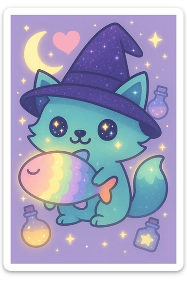 Make the rainbow fish glow with a magical aura and change the blue fox to a neon teal color, keep the purple sparkly witch hat, magical background, and big pink heart in kawaii cartoon style. sticker