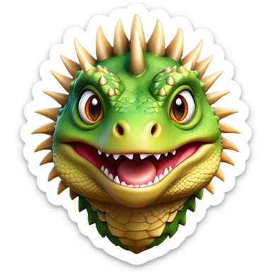 Cinematic Comical Iguana Portrait Emoji, Head tilted dramatically with an exaggeratedly shocked expression, featuring a robust, textured body with a quirky, spiky crest and wide, comically expressive eyes full of playful disbelief, Simplified yet hilariously expressive features, highly detailed, glowing with a slightly sassy jungle glow, high shine, dramatic yet playful, stylized with an air of quirky reptilian mischief, soft glowing outline, capturing the essence of a meme-worthy iguana that looks ready to side-eye its way into viral fame! sticker
