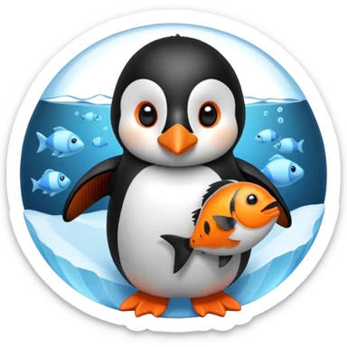 A cute penguin doll holding an orange fish doll in its hands.
A house of ice behind it. sticker