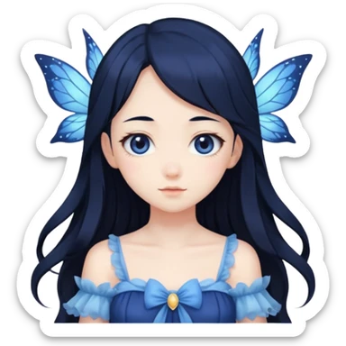 Gothic anime fairy with long beautiful black hair and dark blue dress, pastelcore, sticker