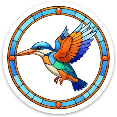 Create an abstract outline of flying kingfisher. Do make it too detailed but make it recognizable. Keep the number of colors limited to only 5 distinct colors.  sticker
