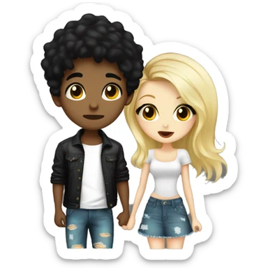 Fashion boy with black hair tatto on face kiss blonde cute girl sticker