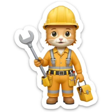 orange tabby cat wearing yellow hard hat holding tiny wrench, standing upright with tool belt, 3D emoji style sticker