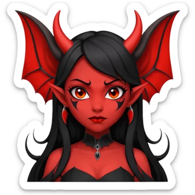 demon girl, skin red , black long hair, small horns, pointed ears, bat wing, black open-back dress, bold black outlines, red+black palette sticker