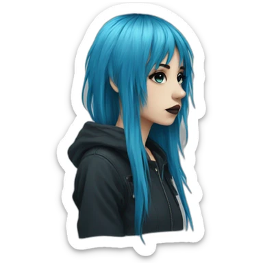 Side profile sad emo girl, black makeup, long choppy blue hair side bangs sticker