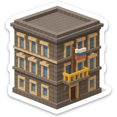 old Saint Petersburg building in voxel style, gray-brown tones, Russian flag on a small flagpole attached to a balcony, isometric view sticker