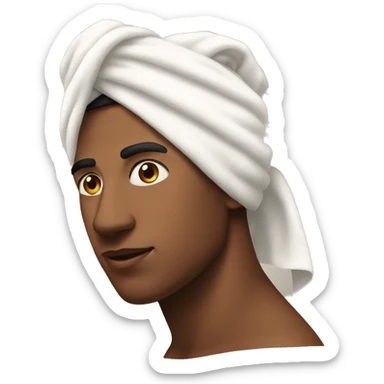 A young man wearing a towel on his head and a facial mask, like after a shower or spa sticker