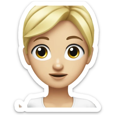 White girl, blonde, with blue eyes, rubs her head whith hands on which there are onion sprouts sticker