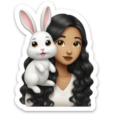Asian girl with black Long Beach waves with cute white bunny sticker