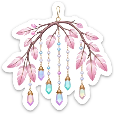 Hanging Iridescent pastel pink sakura crystals white-pearly suncatcher with bells and feathers sticker