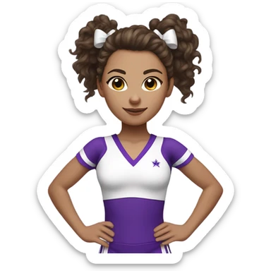 Brunette Cheerleader in white  and purple, curly hair in a high ponytail with a white and purple bow. Medium skin tone  sticker