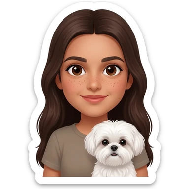 Tanned middle eastern Brunette girl with long hair and beauty spots under her lip and below her eyes, holding white shih tzu sticker