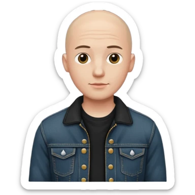  a young man with bald head, black jeans jacket sticker