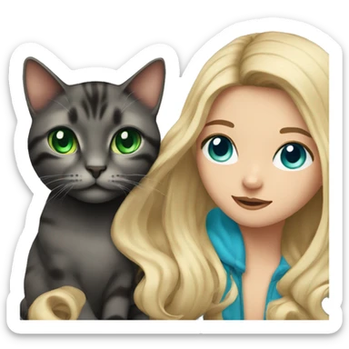 girl with blue eyes, with flowing blond hair with black tabby cat with green eyes sticker