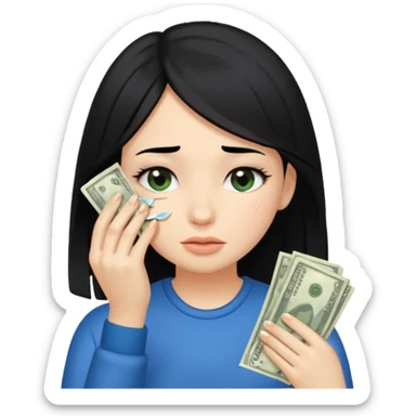Girl with black hair wiping tears with money  sticker