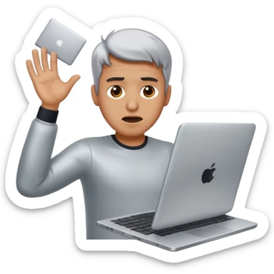 frustrated man tossing a laptop sticker