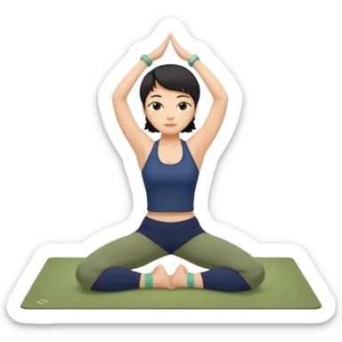 키는 작은편이고 앞머리 없는 단발머리야. 옆머리는 있고 요가를 좋아해. 남색 홀터넥을 많이 입고 민트색 요가바지를 자주 입어. 머리색은 검정색이고 하타요가를 좋아해. 바지색은 연한 연두색이고 요가매트는 카키색이야. 시르사파다 자세를 하고 있어. sticker