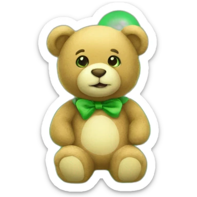 soft teddy bear looking to a green bubbly check above it sticker