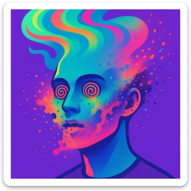 surreal portrait of a person with neon skin, face dissolving in an explosion of colors, airbrush effect, hair as swirling liquid color streams like northern lights, hypnotic spiral eyes, geometric elements along face contour, paint particles flying away, acid purple, turquoise, and electric pink blending, sense of movement sticker