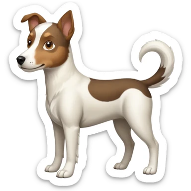 a full body large white floppy eared parson russell looking dog the size of a kelpie with light brown ears and a light brown patch on one eye and a large snout sticker