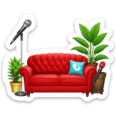 red velvet couch with a mic, houseplants, and karaoke sign sticker